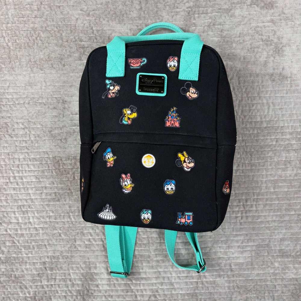 Disney Parks Loungefly Mini Backpack Embroidered Character Icons Black‎ Teal